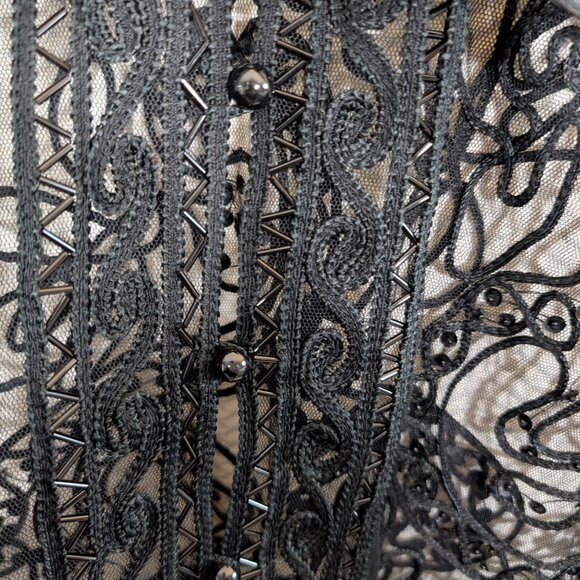 Melanie Lyne Black Sheer Embroidered Beaded Blouse Satin Collar & Cuffs Medium - Picture 11 of 13
